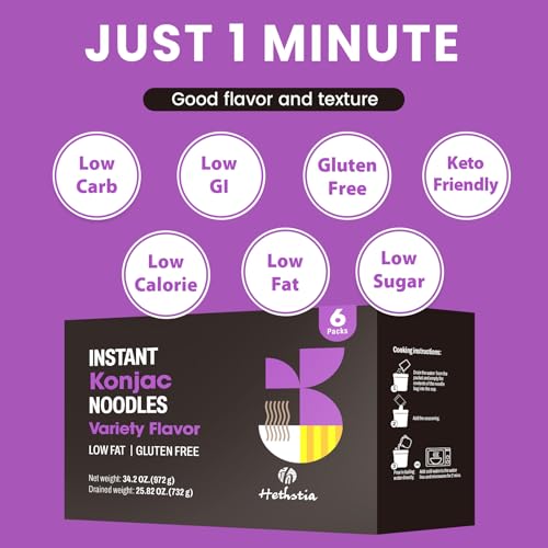 Image of Hethstia Shirataki Noodle Angel Hair Variety Flavor (Miso, Kimchi, Tomato), Ready to Eat, Low GI, Low Carb, Healthy Food, Instant Konjac Noodles Soup (6 Packs)