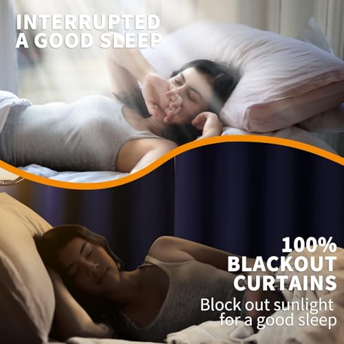 Image of YoungsTex Navy Blue 100% Blackout Curtains for Bedroom, Short Thermal Insulated Black Out Drapes with Black Backing Room Darkening, 2 Panels, 42 x 40 Inch