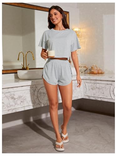 Image of OYOANGLE Womens Pajama Sets 2 Piece Sexy Lounge Sets Summer Cute Pjs Striped Print Tee and Side Split Shorts Set