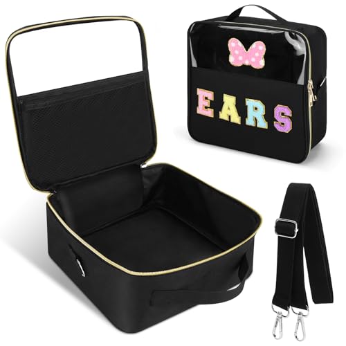 Estojo de viagem com orelhas de rato e laço de letras, suporte de faixa de cabeça de parque, bolsa organizadora de acessórios de cabelo, bolsa organizadora para meninas, mulheres, crianças e adultos