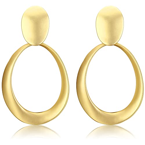 ADRAMATA Pendientes Clip para Mujer Dorados Pendientes Colgantes de Declaración Fiesta Pendientes Grandes Redondos Pendientes Geométricos Martillados Mate Dorados Pendientes No Piercing