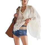 Mieeyali Women Sheer Poncho Top Y2K Oversized V Neck Batwing Sleeve Cover Up Blouse Fairy Lace See Through Mesh Flowy Top