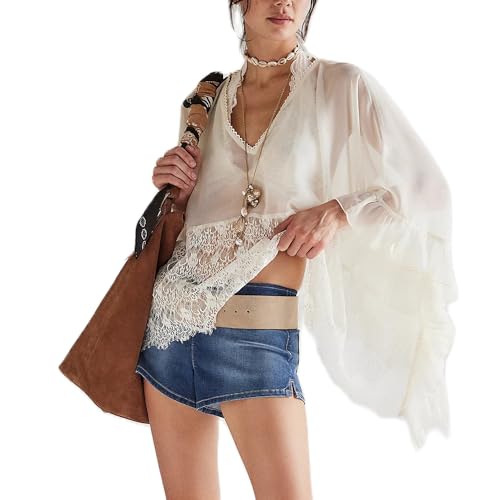 Women Sheer Poncho Top Y2K Oversized V Neck Batwing Sleeve Cover Up Blouse Fairy Lace See Through Mesh Flowy Top