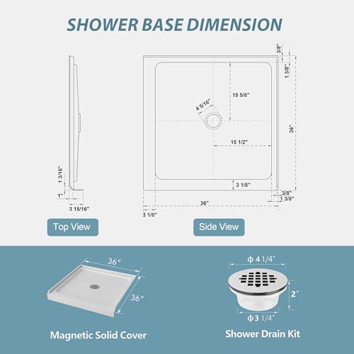 KPUY Shower Base, 36\'\' L X 36\'\' W Shower Base Pan with Double Threshold and Center Drain, Shower Pan with Slip Resistant Textured Surface, White Acrylic