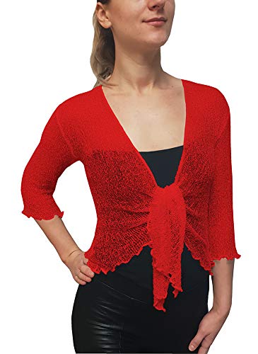 Ladies Crochet Glitter and Plain Stretch Lace Fish Net Bali Tie at Waist Bolero Shrug Open Cardigan (One Size fits UK 8-16, Red) Ladies Crochet Glitter and Plain Stretch Lace Fish Net Bali Tie at Waist Bolero Shrug Open Cardigan (One Size fits UK 8-16, Red)