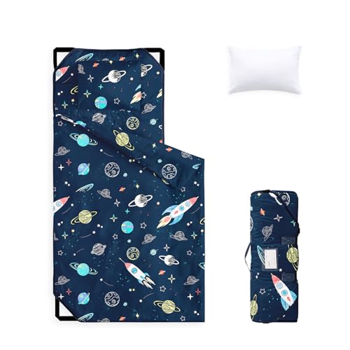 Image of Wake In Cloud - Cot Nap Mat with Pillow and Blanket, for Toddler Kids Boys in Daycare Kindergarten Preschool Pre K with Elastic Corner Straps, Space Rocket Planet Star, Navy Blue