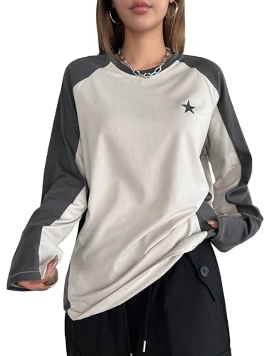 SHENHE Women's Color Block Crew Neck Star Graphic Raglan Shirt Loose Long Sleeve Tee Top