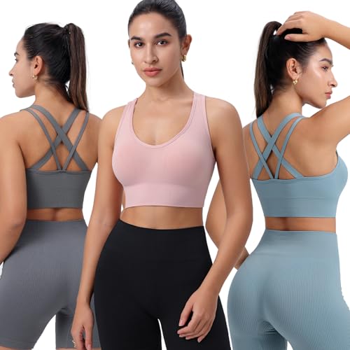 Sports Bras for Women High Support, Multipack Padded Supportive Criss Cross Back Wireless Running Yoga Workout Bra 3/5 Pack2