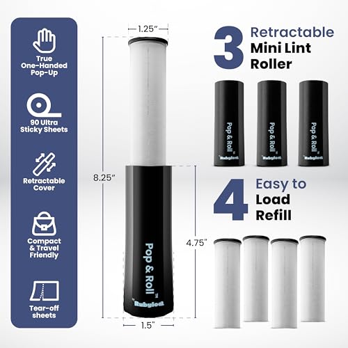Image of Mini Lint Roller for Pet Hair Extra Sticky (3 Pack + 4 Refill Rolls) - Travel Size Pet Hair Roller with Retractable Cover - Cat & Dog Fur Remover for Clothes