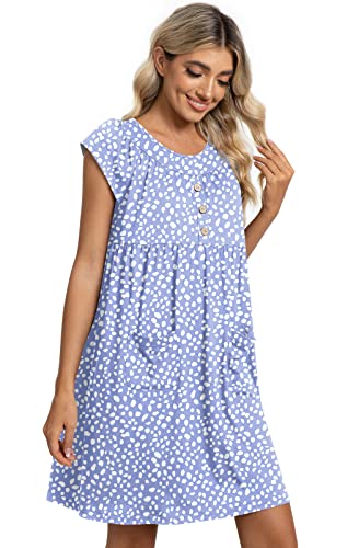 Netsmile Women's Short Sleeve Nightshirt With Pockets Ruffle Button Nightgown Casual Sleepwear, 2Xl, Spot Blue #TOP21