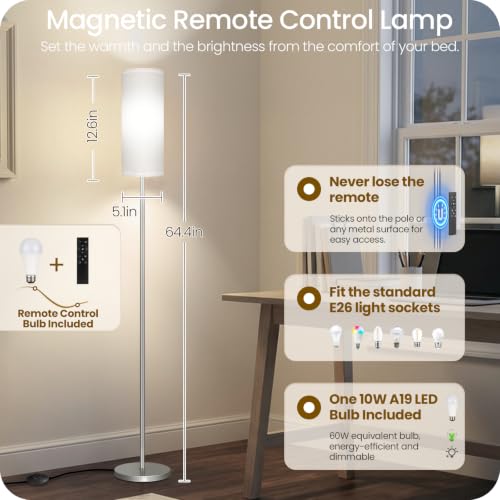 Image of Dimmable Floor Lamps for Living Room with Remote and Foot Switch, 64.4 inch Modern Standing Tall Lamp, Corner Lamp for Bedroom, Office, Bulb Included, 3000K-6500K, White and Silver, FCC Listed SCW06LD05W1
