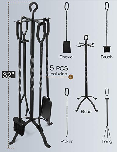 image for COMFYHOME 5 Pieces Fireplace Tool Set, Wrought Iron Fire Toolset w/Pok