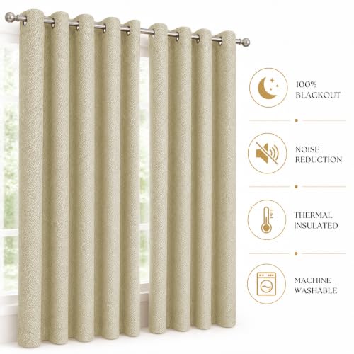 Image of LINENWALAS 100% Blackout Curtains for Door (7 Feet) - Set of 2 Panels, Herringbone Linen Texture Complete Light Block, Thermal Insulated & Noise Reducing Room Darkening Drapes (Beige)