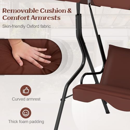 Image of Tangkula 3 Person Porch Swing, Patio Swing with Removable Cushion & Powder-Coated Steel Frame, Outdoor Swing with Canopy for Porch, Backyard, Garden, Balcony (Coffee)