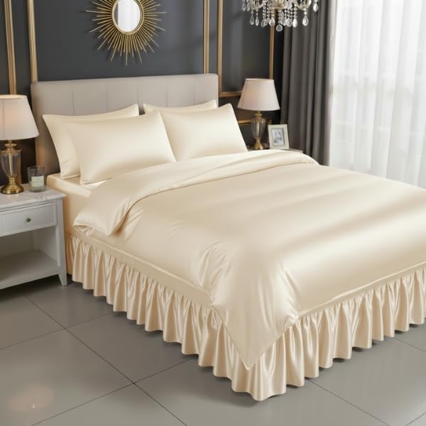 Luxury 4 PCS Satin Valance Sheet Set with Duvet Cover & 2 Matching Pillowcases | Smooth Satin Bed Skirt Fitted Sheet | Hotel Style Bedding Set | Single Double King Super King (CREAM, KING)