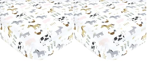 Image of Hudson Baby Unisex Baby Cotton Fitted Crib Sheet, Cute Farm, One Size (Pack of 2)