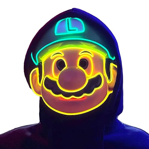 Super Mario Luigi Mask Light Up LED El Wire Full Face Classic Gaming Party Costume, Cosplay, Halloween Trick or Treat - Image 3