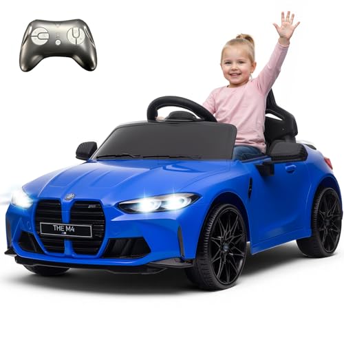 Elektrisches Kinderauto, kompatibel mit BMW M4, 12V mit Fernbedienung für Eltern, Federung, Griffbefestigung, Batteriebetriebenes Kinderauto mit LED-Leuchten, Musik, Sanftanlauf - (Königsblau)