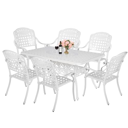 Image of MEETWARM 7-Piece Outdoor Patio Dining Set, 6 Outdoor Dining Chairs and 1 Rectangle Table with 2 inch Umbrella Hole, All Weather Cast Aluminum Patio Funiture Set for Backyard, Patio(White)