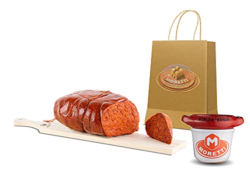 Moretti® Calabrese Nduja Di Spilinga Original Artisan Spiling | Vacuüm verpakt | 100% NATUURLIJK in de darm | Puur Varkensvlees Smeerbare Salami (400g+ (paquete de 1 Nduja + Nduja Warmer))