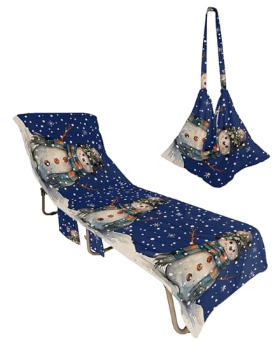 Shabby Chic Snowman Beach Chair Towel Covers for Chaise Lounge with Side Pocket, Soft Plush Pool Towels Cover for Patio Sunbathing Outdoor 29''x85'' Winter Christmas Snowflake Navy