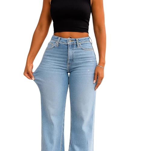 Curvola BBL Jeans, Tummy Control Baggy Straight Leg, Wide-Leg Straight Fit, Mid-Low Rise Stretch Jeans, Soft Breathable