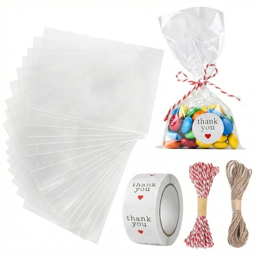 Carehabi 200PC Bolsas de plástico de celofán Transparente Bolsitas de Galletas Dulces Tortas de Magdalenas de Chocolate PiruletaBolsas de Decoracións
