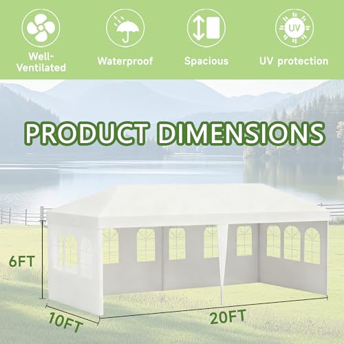 Image of 10' x 20' White Gazebo Canopy Tent Featuring 4 Removable Sidewalls, Outdoor Shade Shelter with Transparent Windows, Ideal for Parties, Backyard, Birthdays, Events, Gatherings, Patio, Birthday