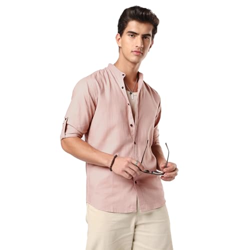 Image of Urbano Fashion Men's Linen Blend Full Sleeve Relaxed Fit Mandarin Collar Casual Solid Shirt