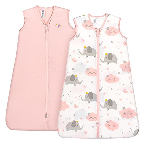 Image of TILLYOU Sleep Sack 6-12 Months - 0.5 TOG Baby Wearable Blanket with 2-Way Zipper, Extra Soft Cotton Sleeveless Sleeping sack 2 Pack, Pink Elephant & Cloud