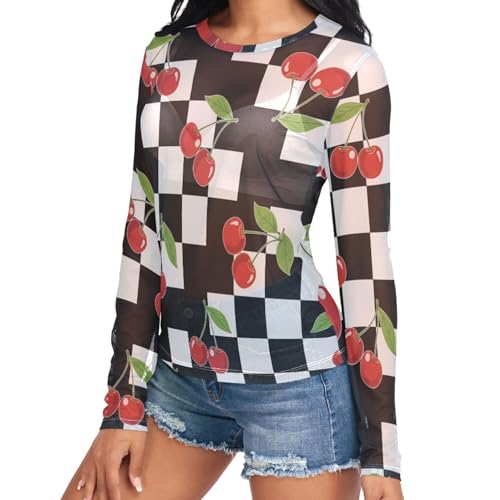 Exnundod Mesh Long Sleeve Tops for Women Checkerboard Pattern with