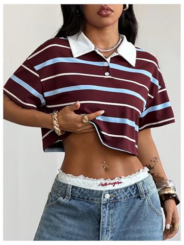 Image of RoseSeek Women's Preppy Striped Button Down Crop Tops Collar Neck T Shirt