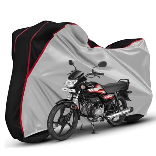 Image of Waterproof Bike Body Cover Compatible with Hero Hf Duluxe Dustproof Scratchproof - Motorcycle Cover for Two Wheeler, Outdoor Full Cover with UV, Duty, Rain Protection (Silver Top Black) R1A