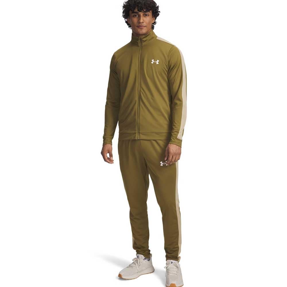 Under Armour Męski dres treningowy z dzianiny, wygodny i szybkoschnący top i spodnie do biegania z kieszeniami, męski dres treningowy i do noszenia na co dzień, zielony/polny khaki, MD