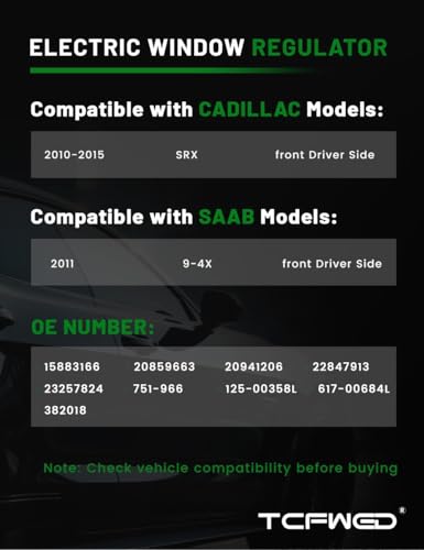 Image of Power Window Regulator Compatible with Cadillac SRX 2010-2015 & Saab 9-4X 2011,Front Driver Side,Replace # 751-966 15883166 20859663