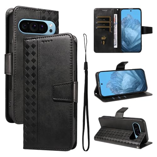 Étui en cuir Pixel 9 5G noir au design épuré et fermeture aimantée