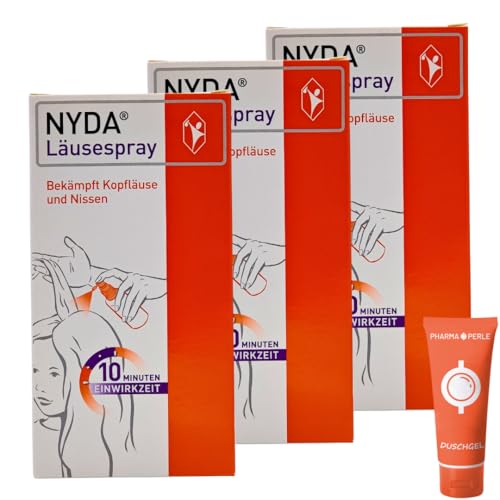 NYDA Läusespray gegen Kopfläuse und Nissen, 10 Minuten Einwirkzeit, inklusive Läusekamm, für Babys, Schwangere und Stillende I Sparset mit Duschgel von Pharma Perle (3 x 50 ml)