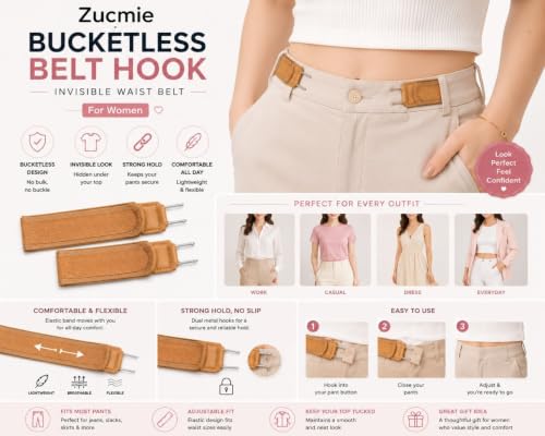 Image of Buckleless Belt Hook Tactical Metal Hook Elastic Belt Unisex Buckle-Less Invisible Waist Belts for Work And Edc (Pair)