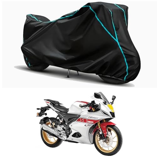Image of Waterproof Bike Body Cover Compatible for | Yamaha R15 V4 M World | Taffeta Fabric, Sky Piping Design, Bottom Elastic Fit | Dustproof, Sun UV & Rain Protection for All Weather.