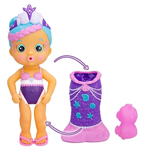 Bloopies Magic Tail Mermaids Nelly | Muñeca Sirena con Cola brilante y retirable y su Amigo del mar; Lanza Chorros de Agua y Hace Burbujas - Juguete y Juego baño para niños y niñas