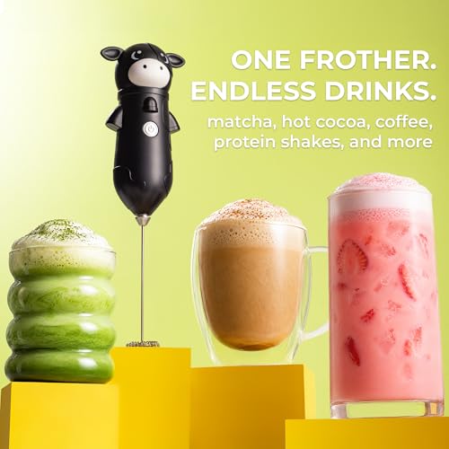 Image of Zulay Kitchen Cow Milk Frother Wand - Cutesy Frother, Meet Your New Frothing Buddy Betsy The Cow, Adoption Papers and Stickers Included, Purrr-fect for Lattes, Cappuccino & Matcha - Black