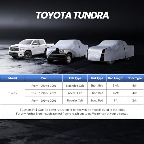 Image of Multi-Layer Toyota Tundra Truck Cover, Custom fit Tundra 1999-2021 Access /Extended Cab Short Bed(6.2')Car Cover Waterproof All Weather, Full Exterior Cover Rain Wind and UV Protection With Door Zipper