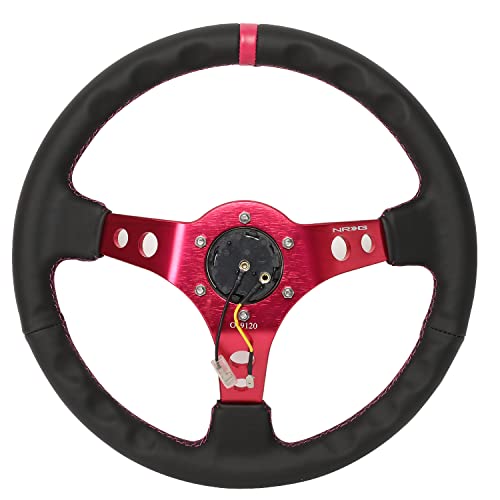 Image of NRG Innovations NRG-RST-006FH Reinforced Steering Wheel 350mm Sport Steering Wheel (3 inch Deep), Black Leather Fushia Center Mark with Fushia Stitching, Fushia Center Spoke