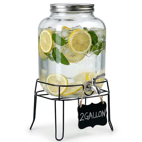 Image of 2 Gallon Glass Drink Dispenser,Beverage Dispenser with Stand,Lemonade Dispenser with 304 Stainless Steel Spigot Leakproof for Entertaining Guests, Picnic,Hosting Parties