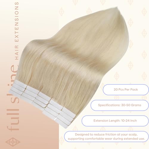 Image of Full Shine Human Hair Tape in Extensions, Ash Blonde 18 Inch | 50g 20PCS, Brazilian Straight Tape Ins Human Hair Extensions Invisible Seamless Natural Volume Thick End for Wedding