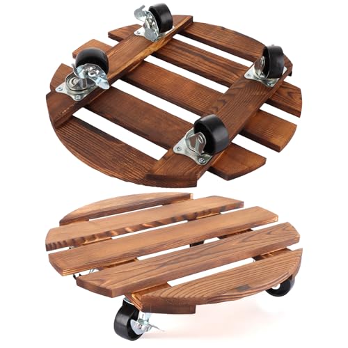 ASelected 2 pack 12 Inch Plant Caddy Wooden Plant Stand with Wheels,Round Plant with Metal Lockable Caster Wheels Heavy Duty Trolley Rolling Plant Stand Dolly Plant Pot Movers Indoor Outdoor Patio
