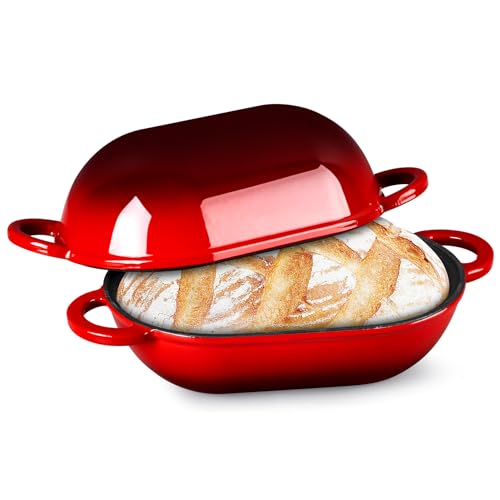 TeamFar Enameled Cast Iron Bread Loaf Pan, 2 QT Oval Dutch Oven with Lid