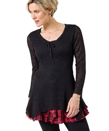Joe Browns Women's Handkerchief Hem Flared Sleeve Tie Neck Tunic Top, Regular, Black, UK 16