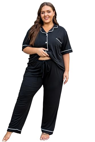 Image of Vozanet Women's Plus Size Pajamas Button Down Shirt and Pants Soft Lounge Sets Bride Nighty Bottom with Pockets 1x to 5x