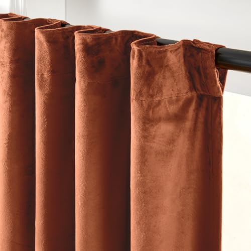 Image of Extra Long Burnt Orange Curtains Back Tab 52x108 Inch 2 Panels | Soft Velvet, Room Darkening, Lined, For Tall Windows & High Ceilings, Light Shifting Texture, Elegant Drape, Luxury
